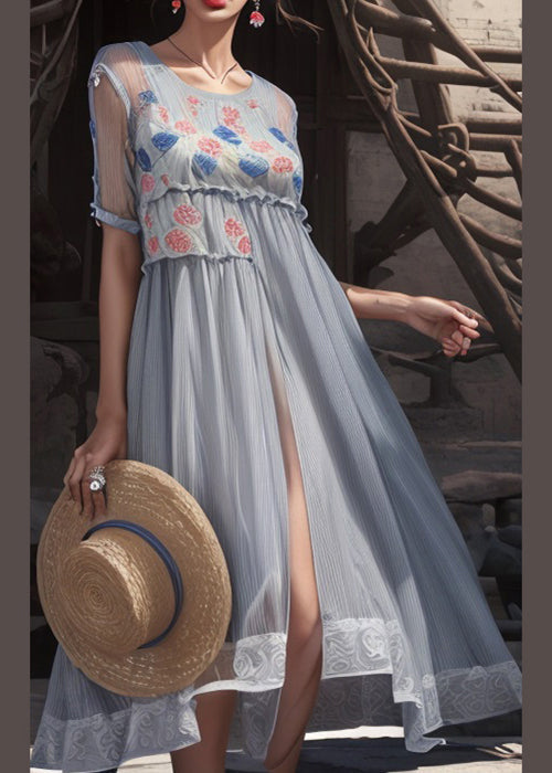 Chic Grey Print Side Open Cotton Long Dresses Summer