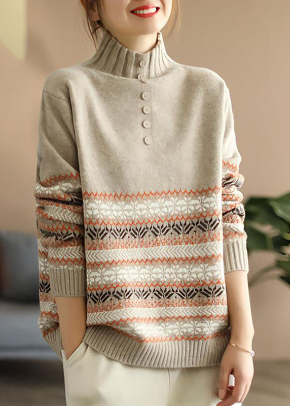 Chic Khaki Hign Neck Print Knit Sweater Spring