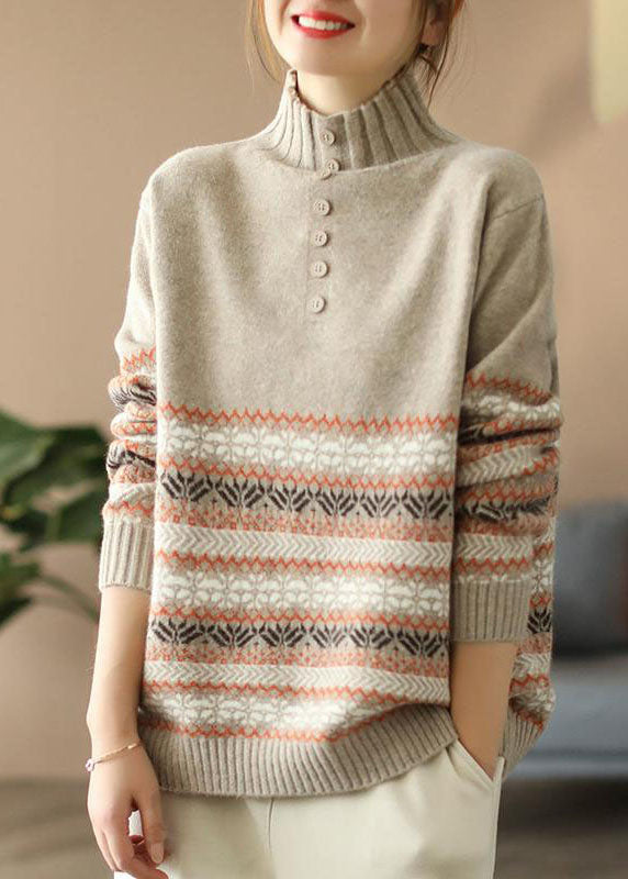 Chic Khaki Hign Neck Print Knit Sweater Spring