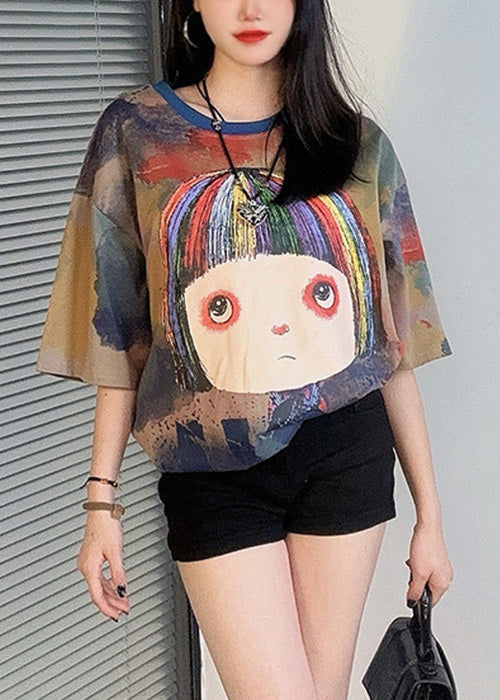 Chic Khaki O Neck Print Cotton T Shirt Half Sleeve