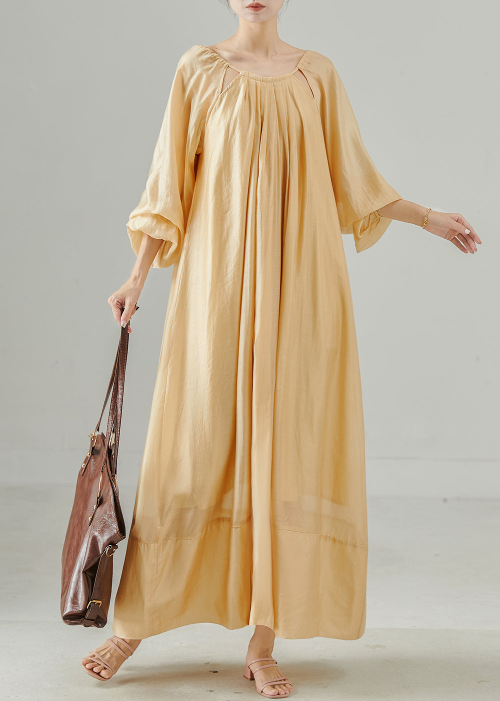 Chic Khaki Oversized Hollow Out Linen Dress Spring