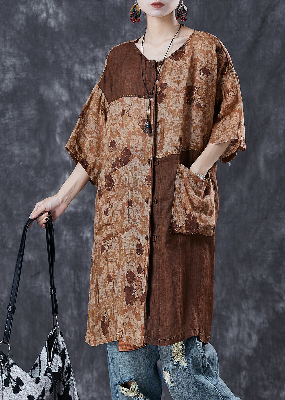 Chic Khaki Oversized Patchwork Linen Dresses Summer