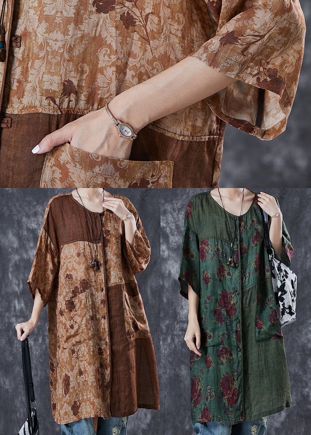 Chic Khaki Oversized Patchwork Linen Dresses Summer