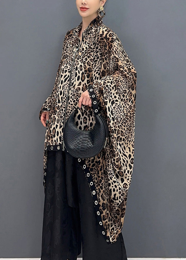 Chic Leopard Zippered Low High Design Cotton Coat Fall