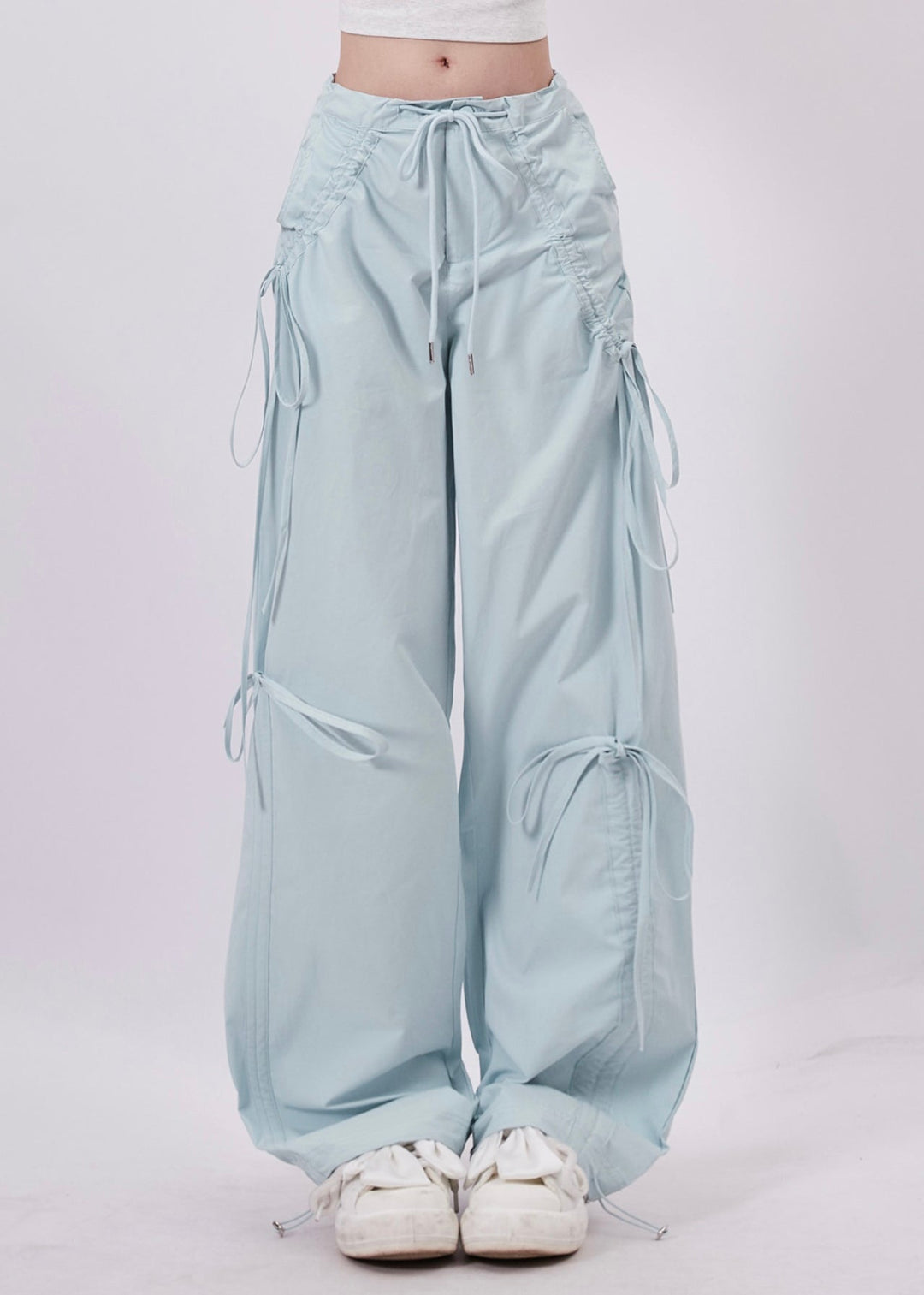 Chic Light Blue Tie Waist Bow Cotton Pants Spring