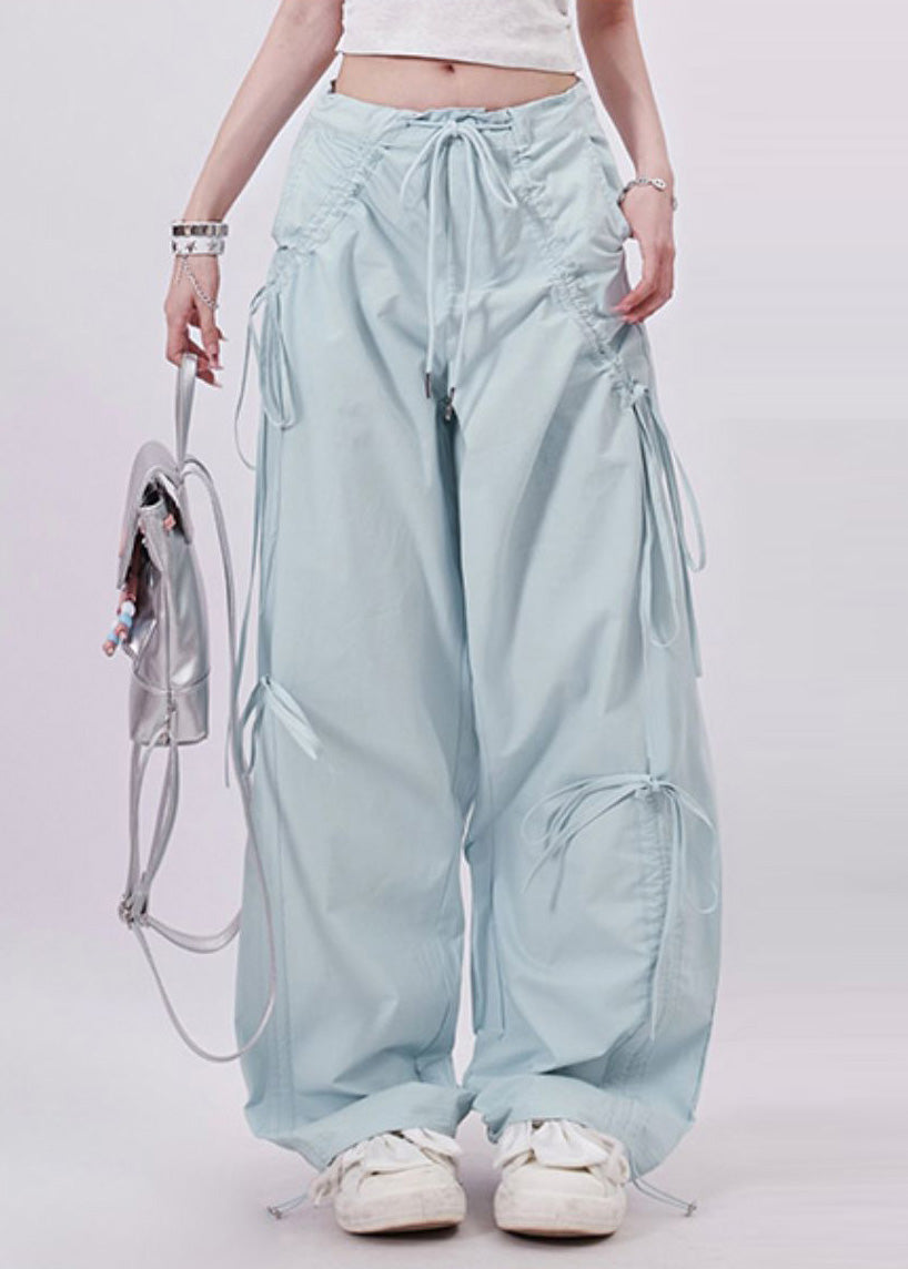 Chic Light Blue Tie Waist Bow Cotton Pants Spring