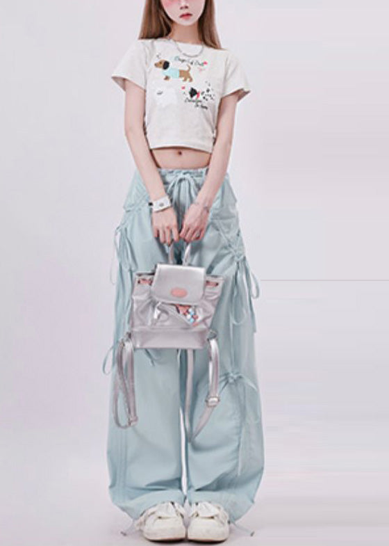 Chic Light Blue Tie Waist Bow Cotton Pants Spring