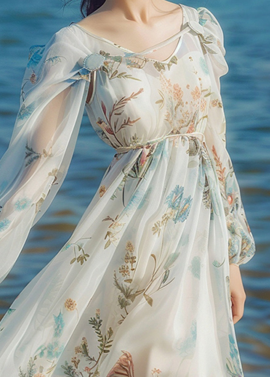 Chic Light Blue V Neck Print Chiffon Long Dress Long Sleeve