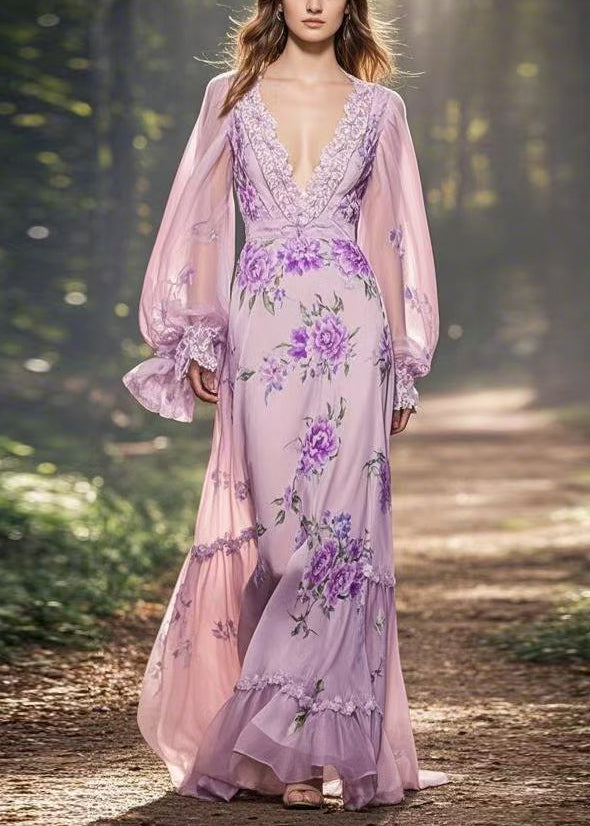 Chic Light Purple Print Ruffled Patchwork Chiffon Long Dresses Spring