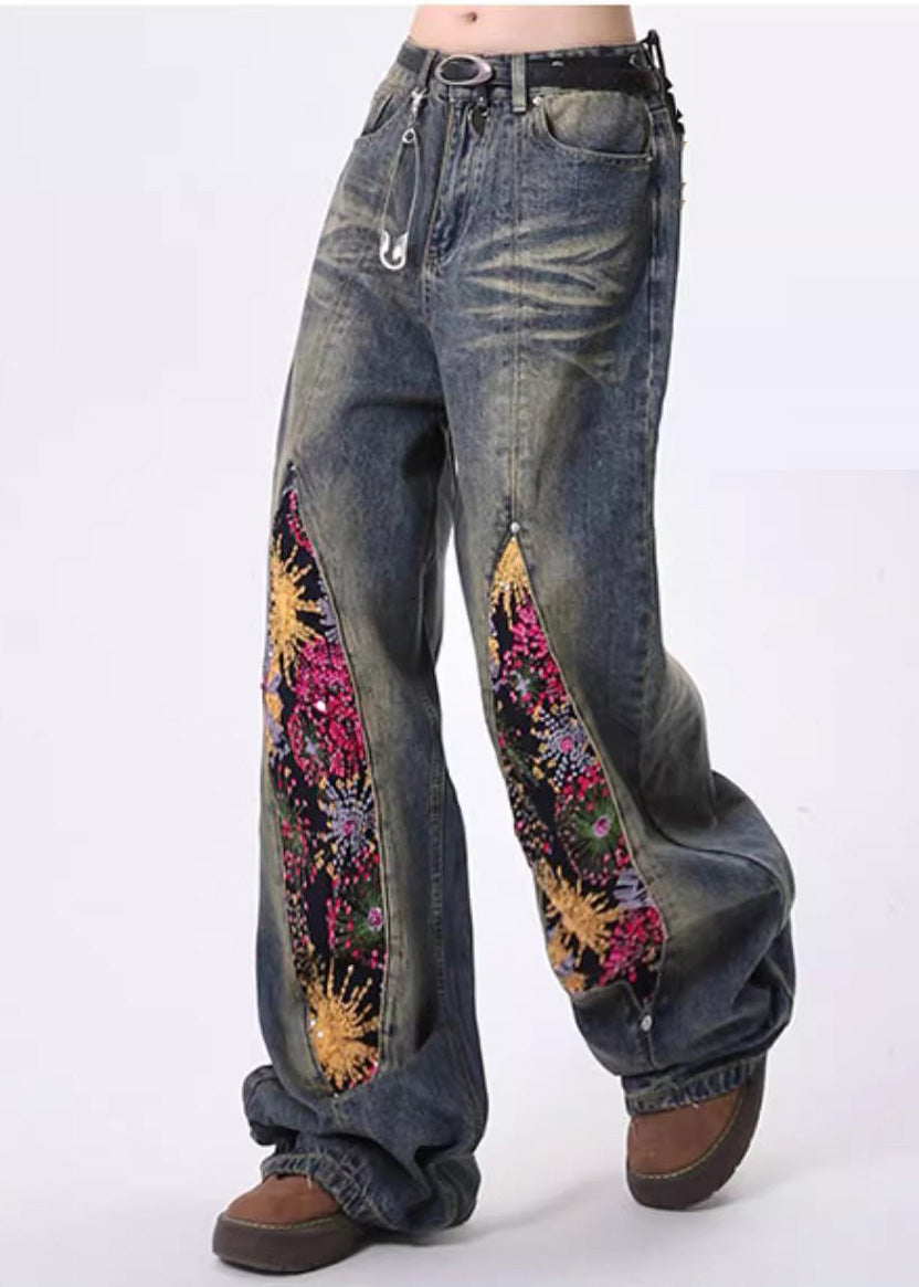 Chic Navy Sequins Patchwork Denim Pants Spring