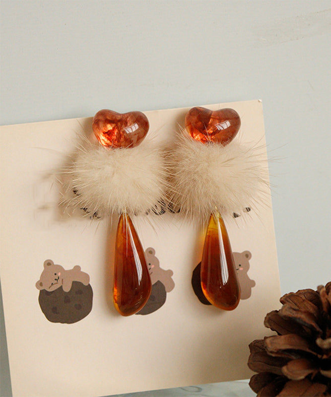 Chic Orange Plastics Resin Fuzzy Ball Decorated Drop Earrings