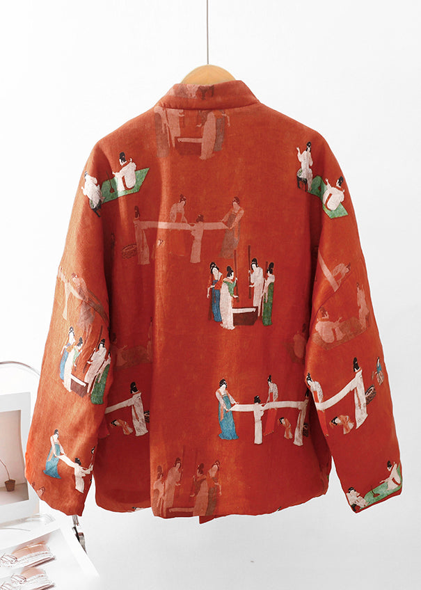 Chic Orange Print Pockets Fine Cotton Filled Oriental Coats Winter