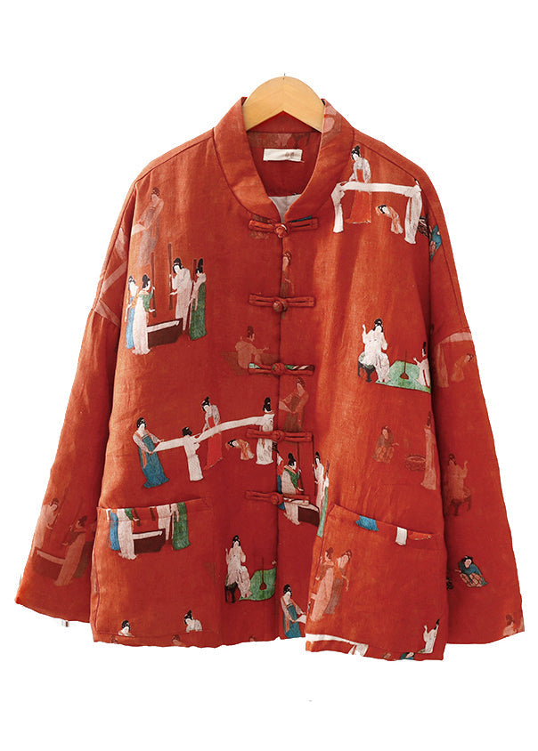 Chic Orange Print Pockets Fine Cotton Filled Oriental Coats Winter