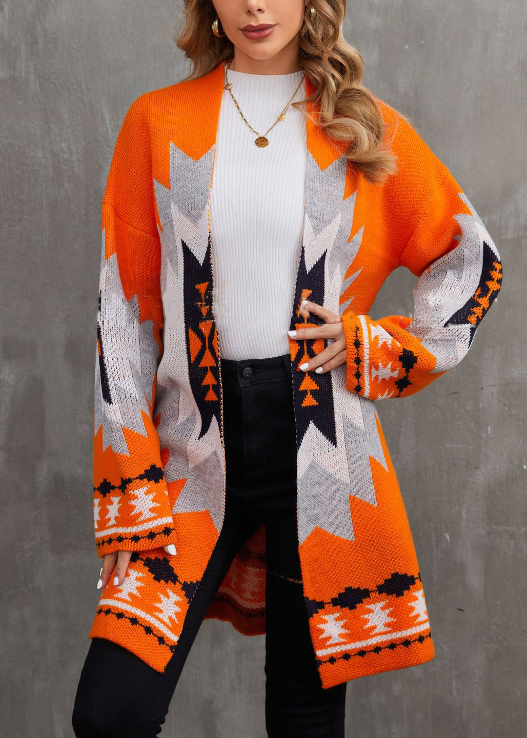 Chic Orange V Neck Patchwork Knit Cardigan Fall