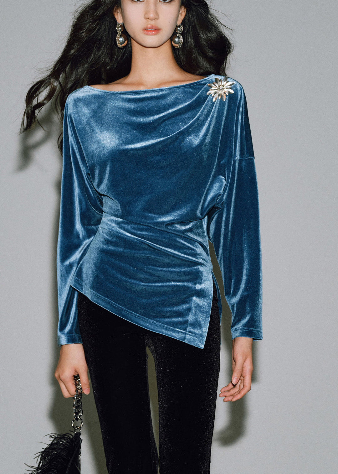 Chic Peacock Blue O-Neck Asymmetrical Silk Velour Tops Long Sleeve