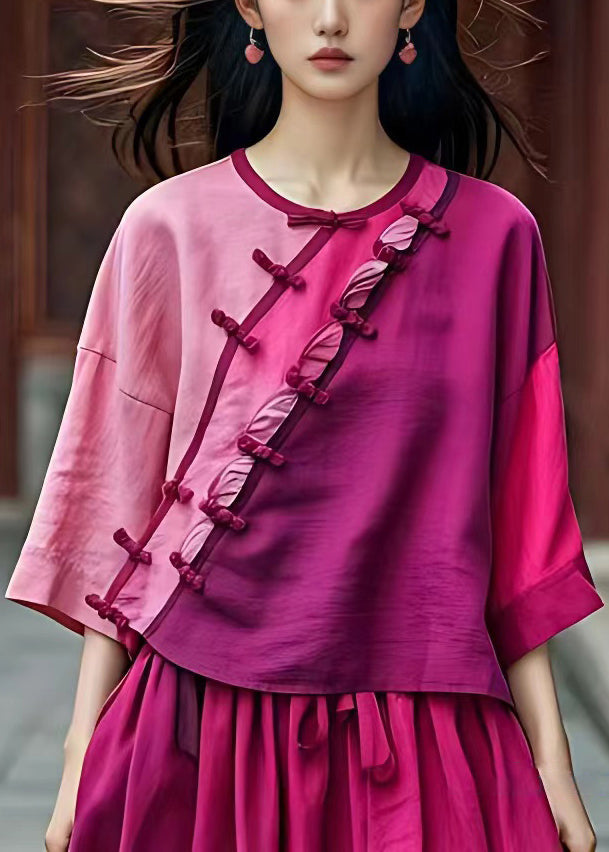 Chic Pink Asymmetrical Button Cotton Shirt Batwing Sleeve