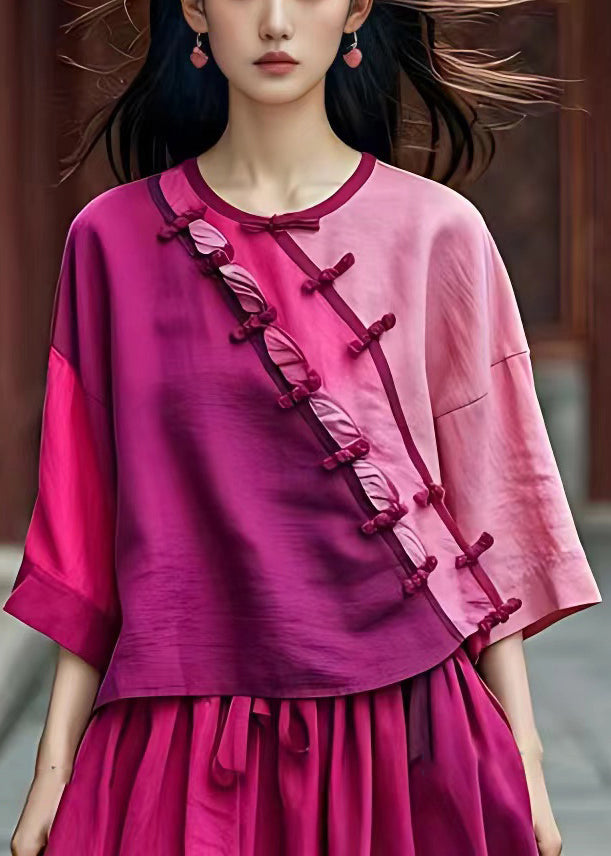 Chic Pink Asymmetrical Button Cotton Shirt Batwing Sleeve