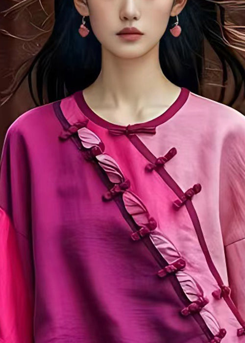 Chic Pink Asymmetrical Button Cotton Shirt Batwing Sleeve