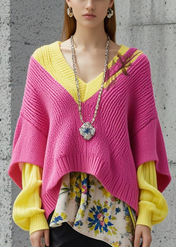 Chic Pink Asymmetrical Patchwork Print Short Sweater Fall