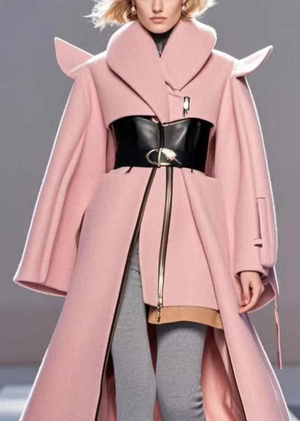 Chic Pink Asymmetrical Patchwork Woolen Coat Outwear Fall