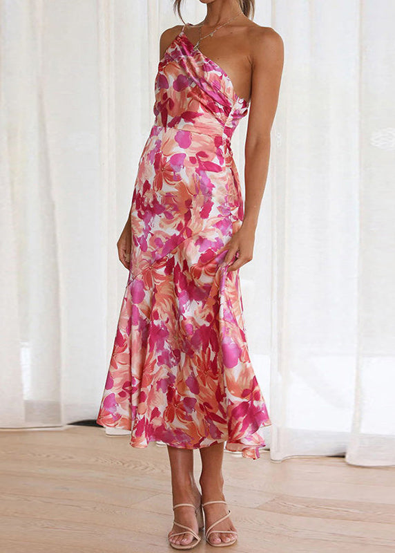 Chic Pink Asymmetrical Print Cotton Spaghetti Strap Dress Sleeveless