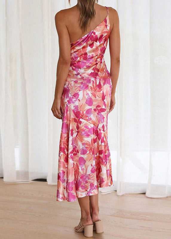 Chic Pink Asymmetrical Print Cotton Spaghetti Strap Dress Sleeveless