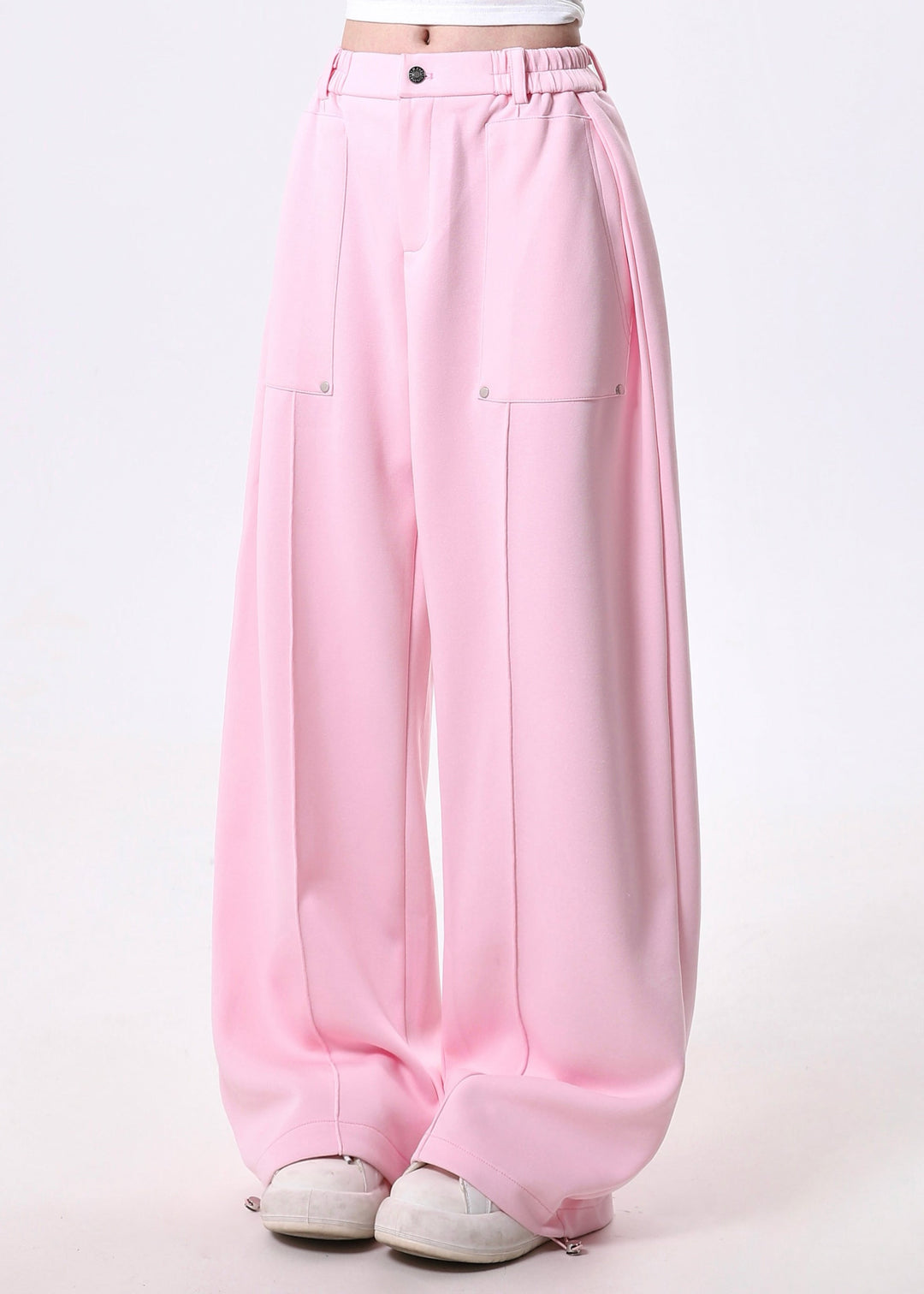 Chic Pink Elastic Waist Cotton Straight Pants Spring