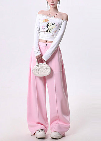 Chic Pink Elastic Waist Cotton Straight Pants Spring