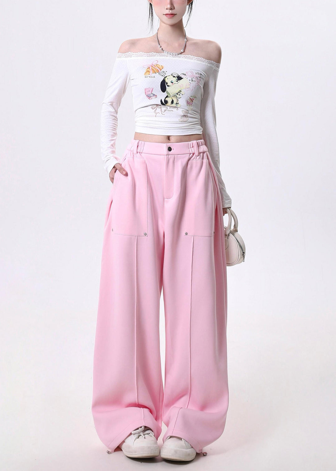 Chic Pink Elastic Waist Cotton Straight Pants Spring