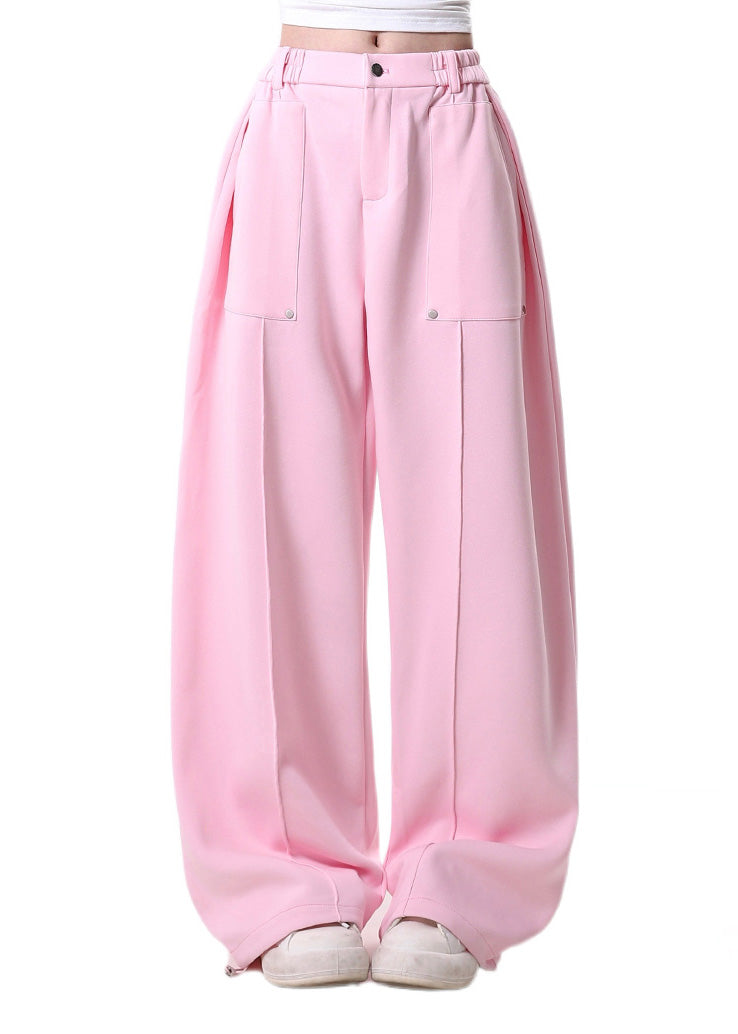 Chic Pink Elastic Waist Cotton Straight Pants Spring