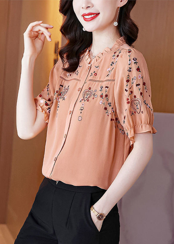 Chic Pink Ruffled Embroidered Silk Shirt Summer