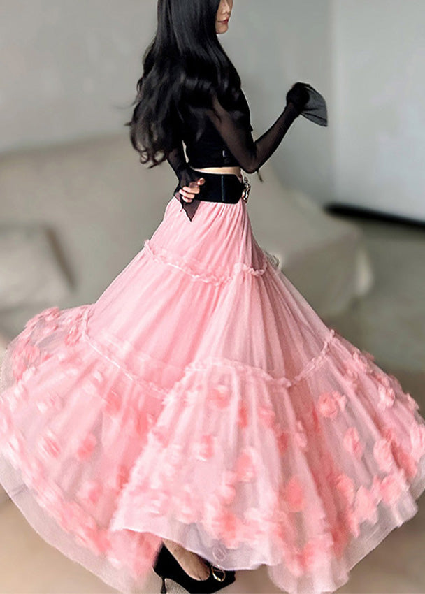 Chic Pink Ruffled Floral Tulle Skirts Spring