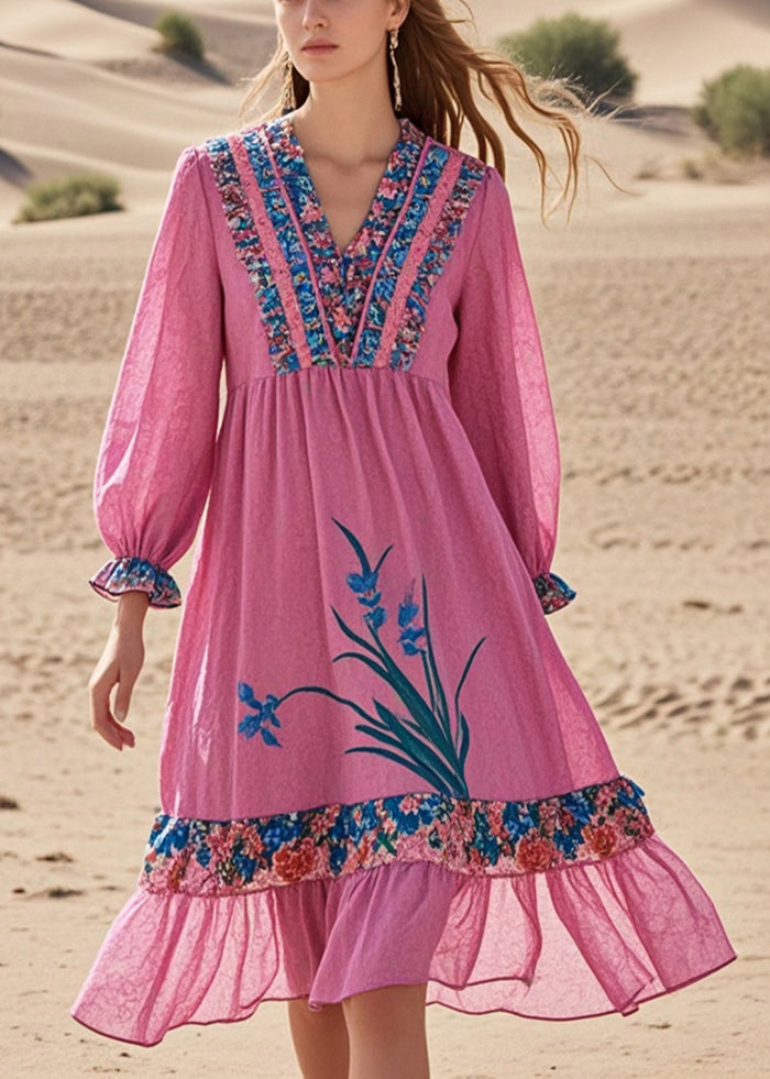 Chic Pink Ruffled Patchwork Cotton Tea Dress Fall