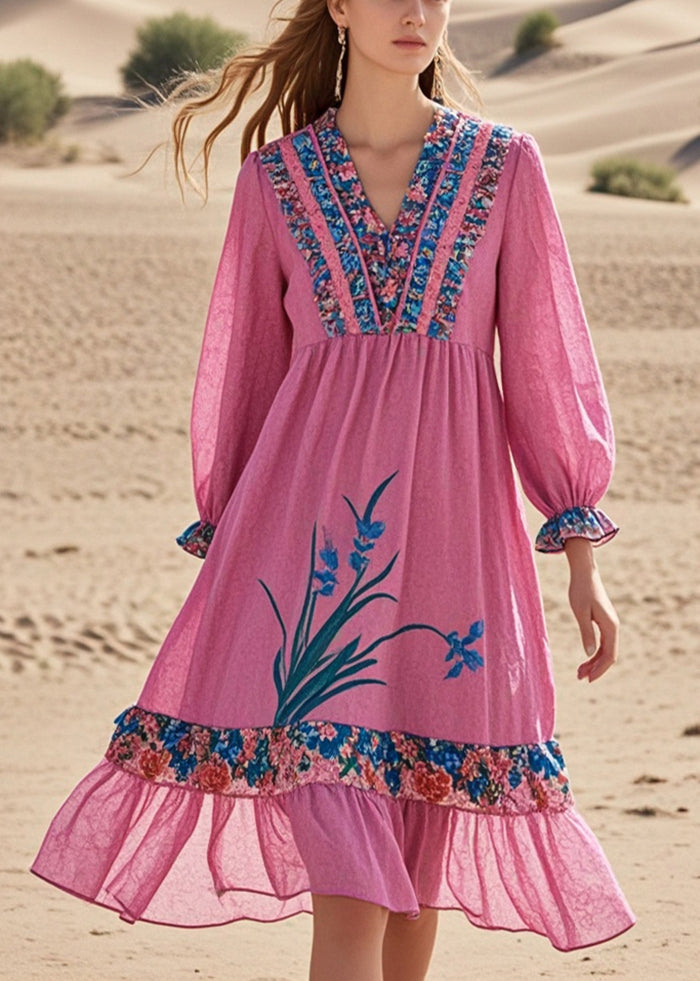 Chic Pink Ruffled Patchwork Cotton Tea Dress Fall