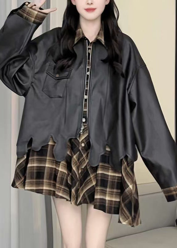 Chic Plaid Patchwork False Two Pieces Faux Leather Coat Spring