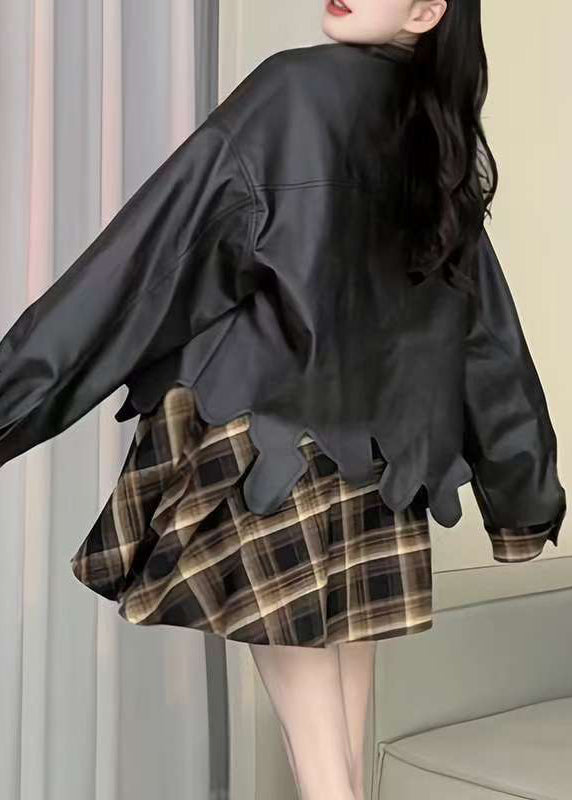 Chic Plaid Patchwork False Two Pieces Faux Leather Coat Spring