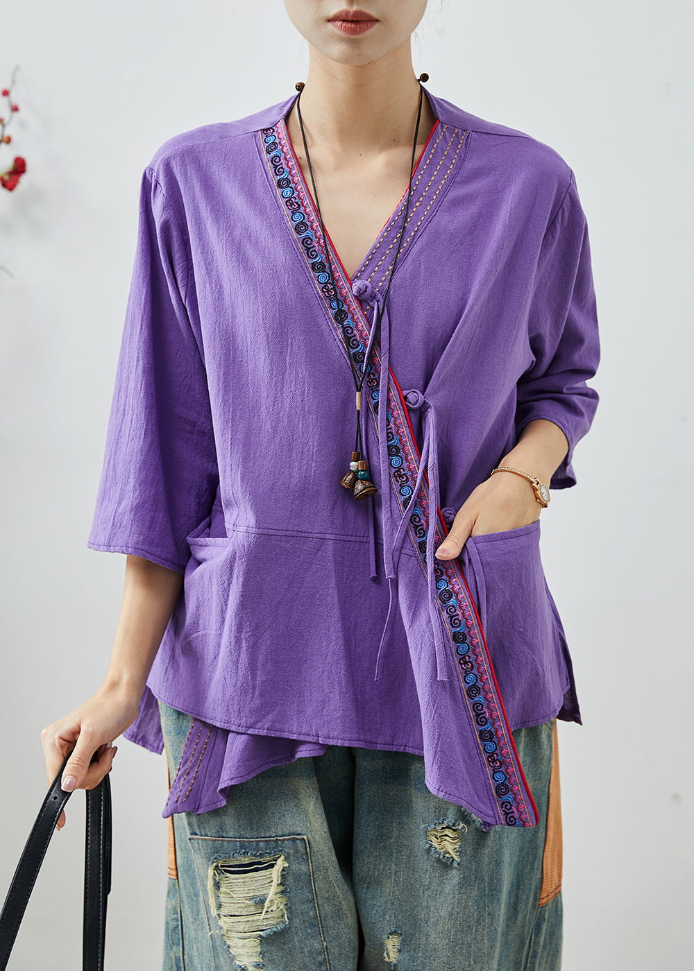 Chic Purple Embroidered Patchwork Cotton Top Summer