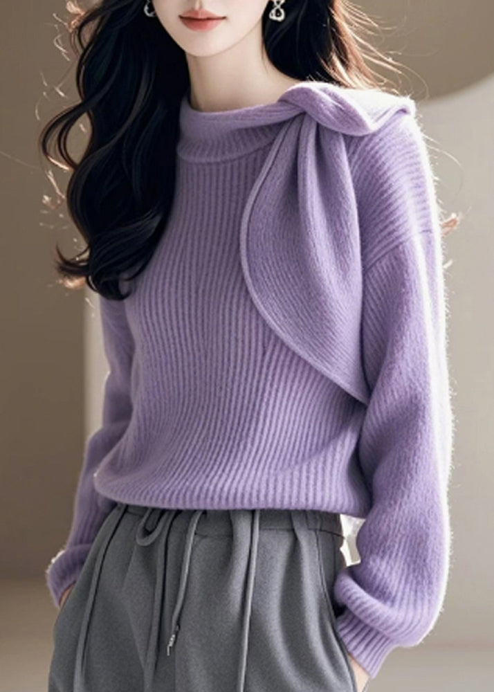 Chic Purple O Neck Bow Knitted Sweaters Spring