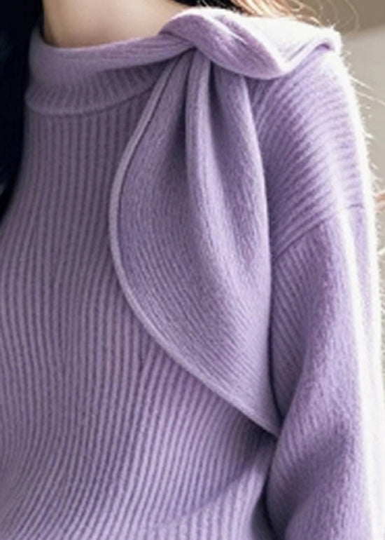 Chic Purple O Neck Bow Knitted Sweaters Spring