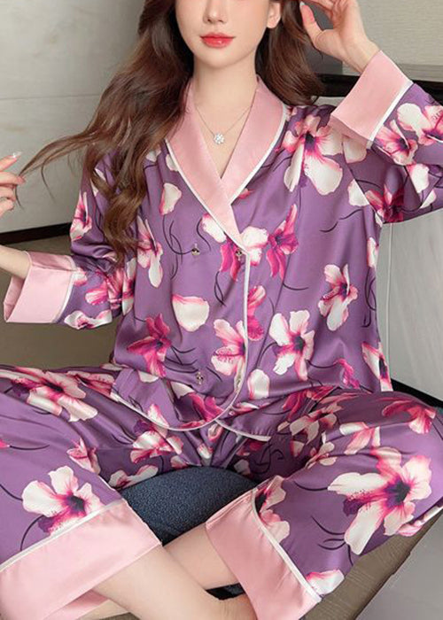 Chic Purple Print Patchwork Ice Silk Pajamas Two Piece Set Spring