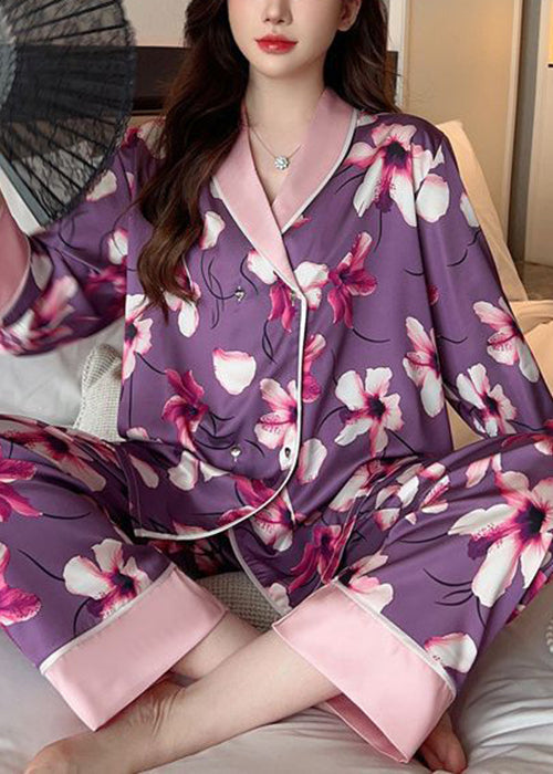 Chic Purple Print Patchwork Ice Silk Pajamas Two Piece Set Spring