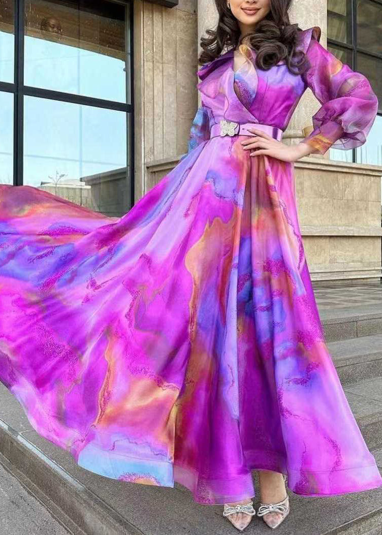 Chic Purple Print Sashes Tulle Patchwork Exra Large Hem Dress Spring