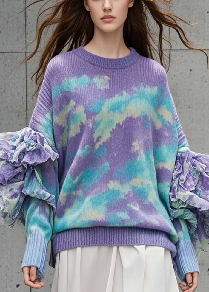 Chic Purple Ruffled Tie Dye Knit Sweater Tops Fall