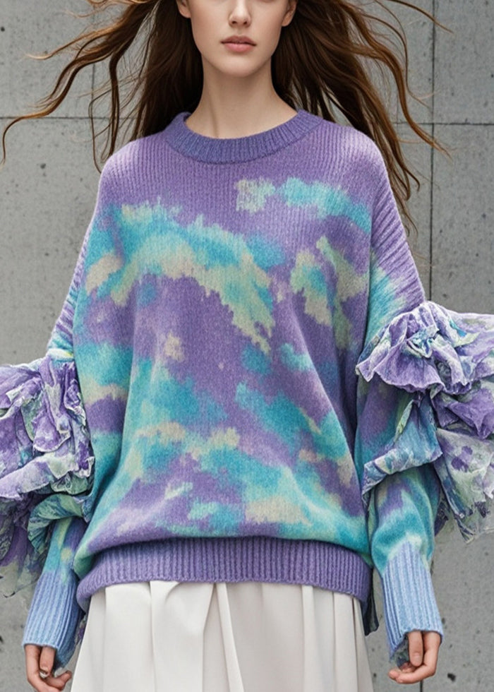 Chic Purple Ruffled Tie Dye Knit Sweater Tops Fall