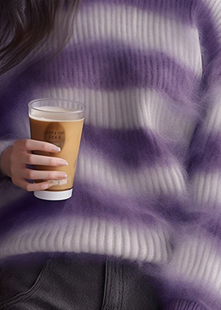 Chic Purple Striped Cozy Ma Hai Mao Sweaters Fall