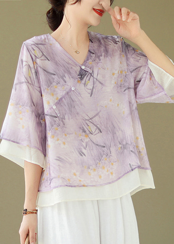 Chic Purple V Neck Button Print Cotton Shirt Flare Sleeve