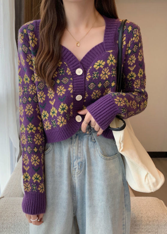 Chic Purple V Neck Button Print Knit Short Cardigans Spring