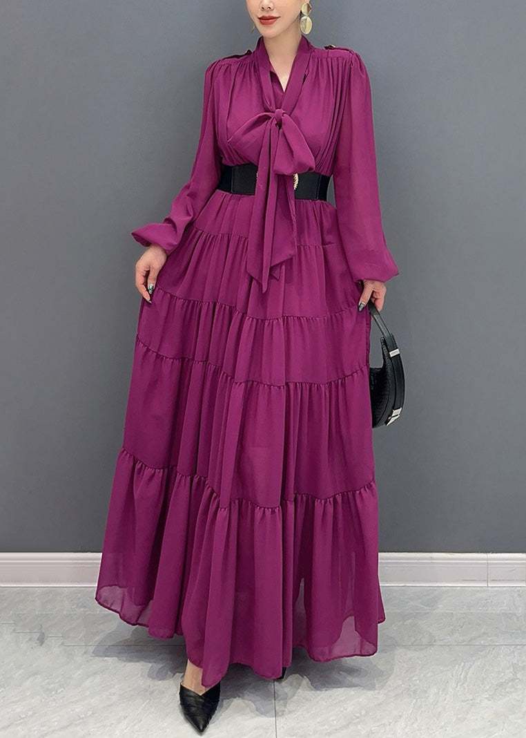 Chic Purple V Neck Patchwork Party Chiffon Long Dress Fall