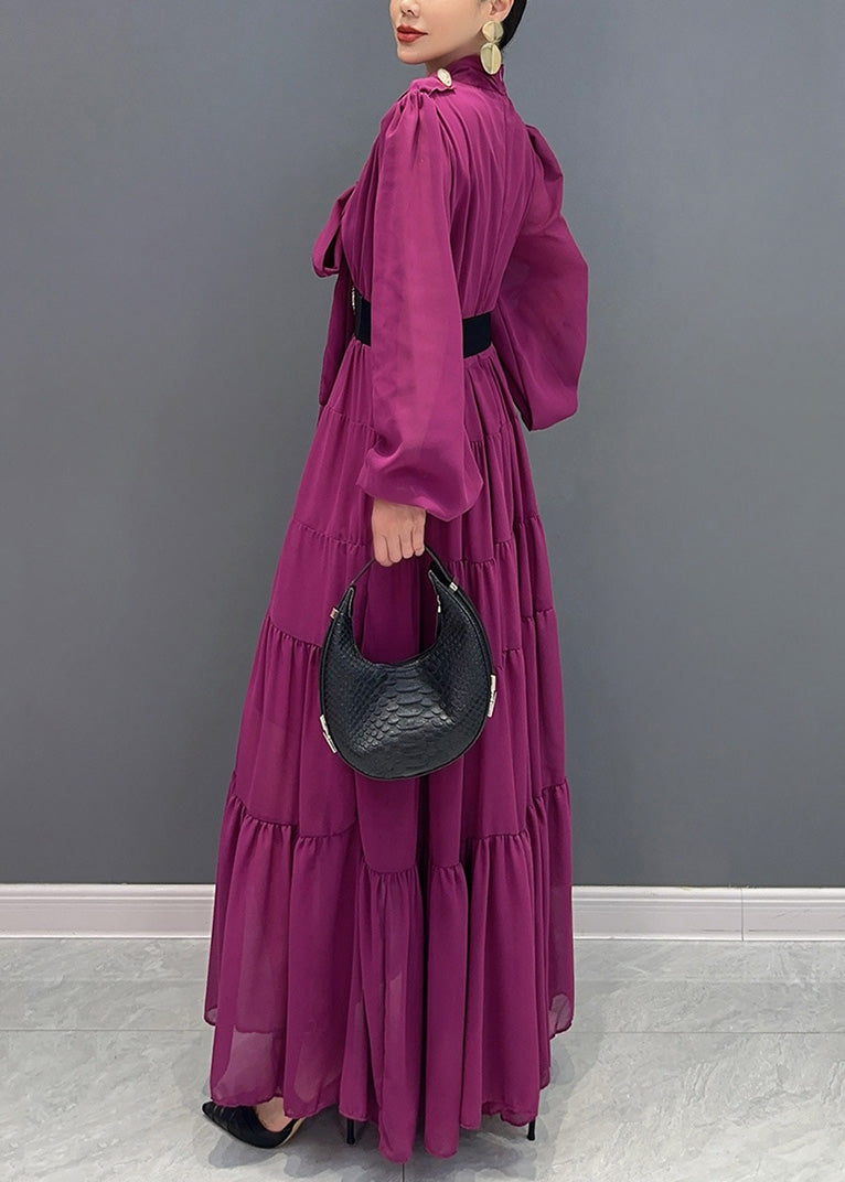 Chic Purple V Neck Patchwork Party Chiffon Long Dress Fall