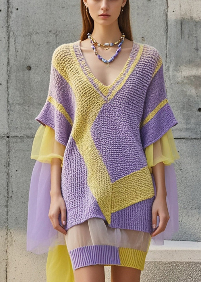 Chic Purple V Neck Patchwork Tulle Sweater Dress Fall